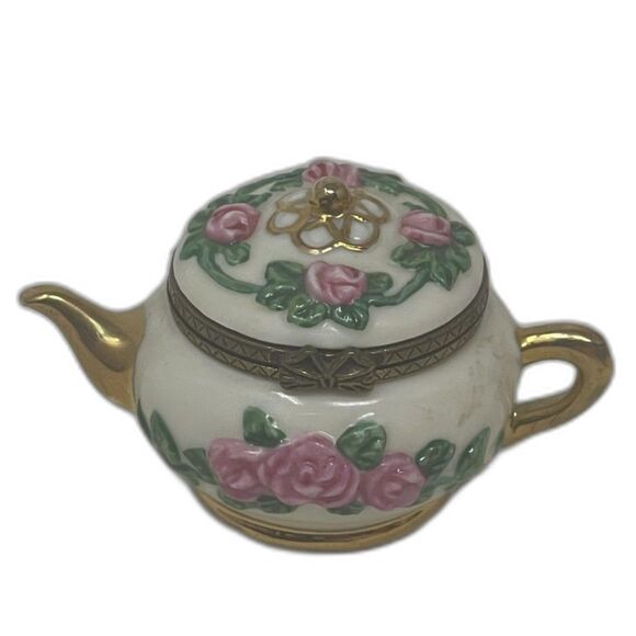 Vintage Tea Pot Trinket Box w/ Roses Pink Flower & Gold Trim 2.5" - Picture 1 of 8
